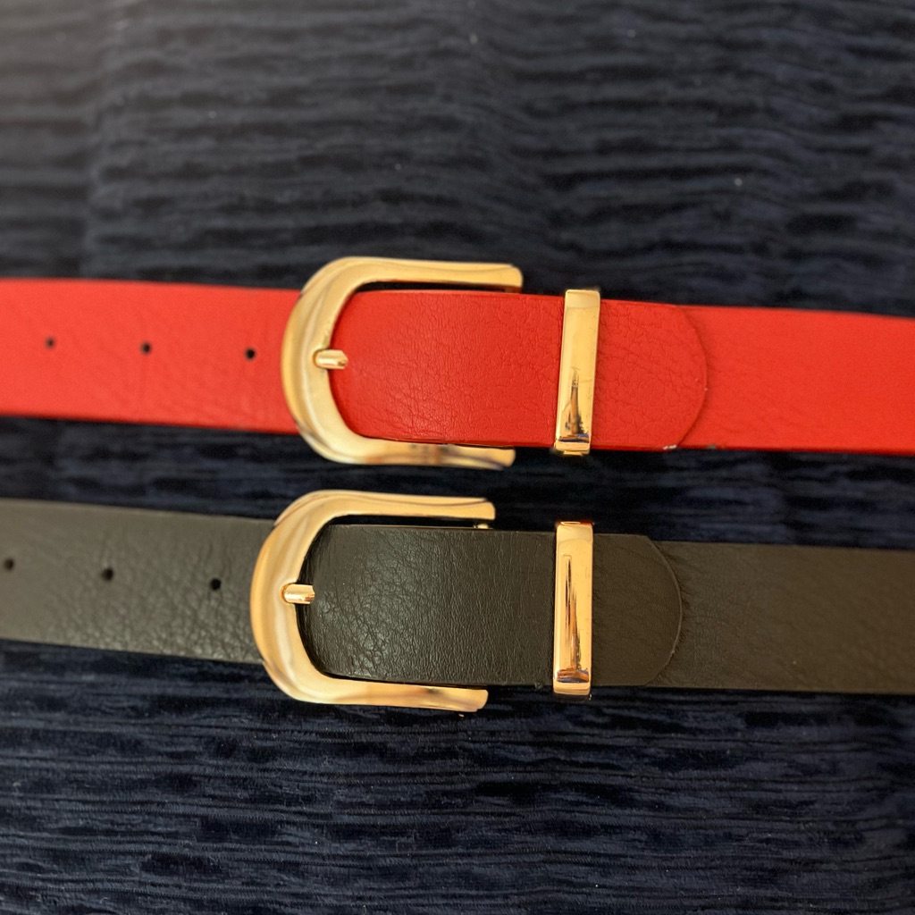 Elegant Red And Black Faux Leather Belts With Gold Buckles